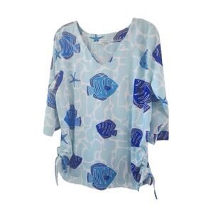 Petsche Top Fish Print White Blue ¾ Sleeves Poly Stretch Cinch Sides Womens Med